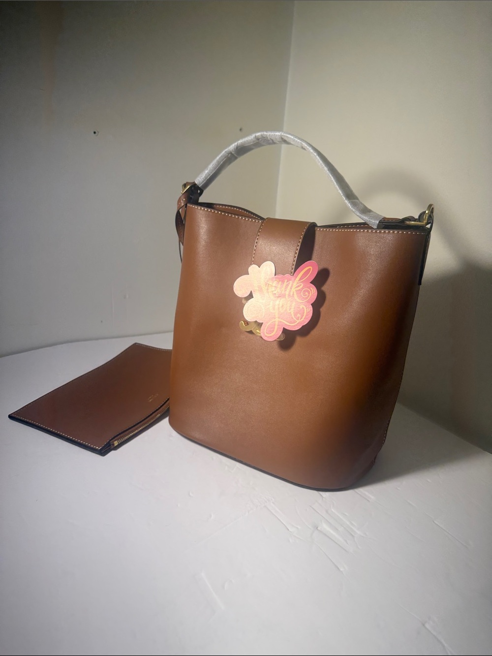 Structured Brown Leather Shoulder Bag with Removable Pouch